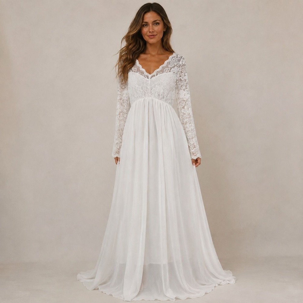 White Lace Long Sleeve Boho Bridal Wedding Maxi Gown Empire Waist
